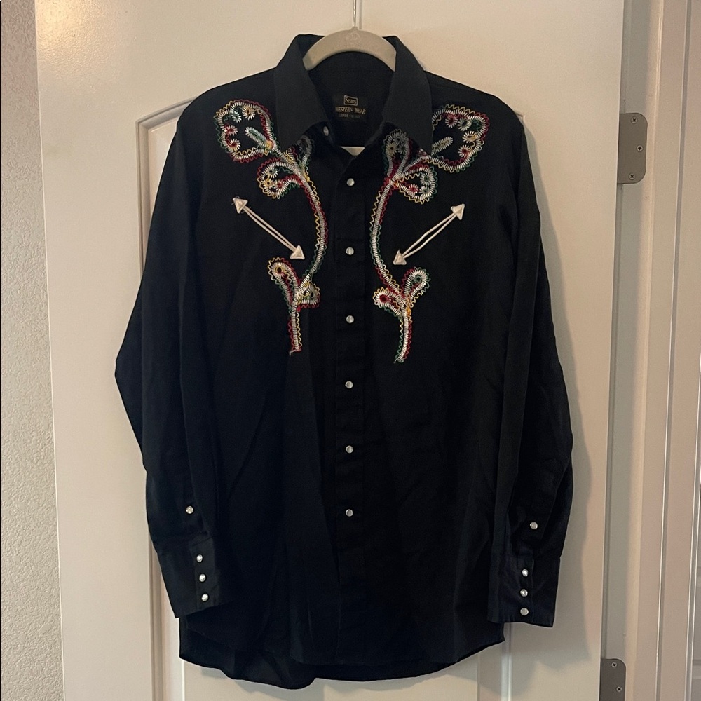 Vintage 70’s Sears Black  Western Men's Shirt with Colorful Embroidery